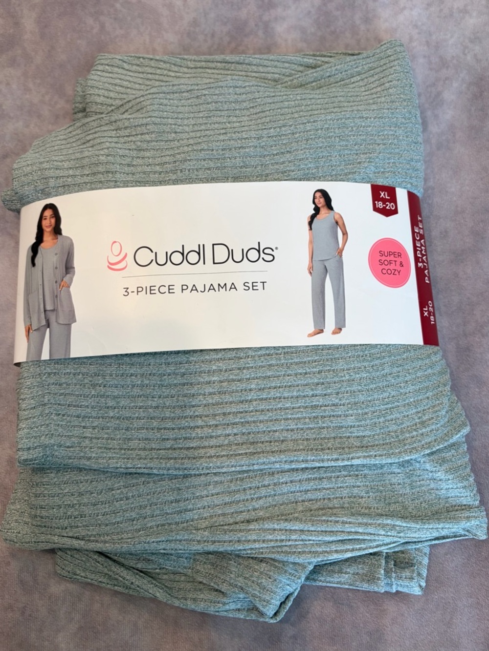Cuddl Duds:XL Women Light Sage Ribbed 3-Piece Pajama Set